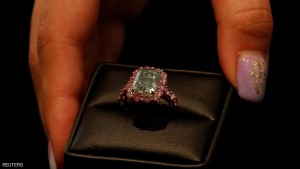 A 5.03-carat fancy vivid green diamond ring, the largest such vivid green diamond in the world, is shown during Christie's preview in Hong Kong