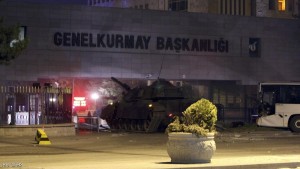 A tank is seen in front of the gate of the General Staff headquarters during an attempted coup in Ankara