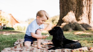 Britain's Prince George is seen with the family pet dog, Lupo, in this photograph taken at his home in Norfolk