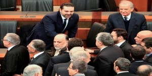 Members of the Lebanon Parliament congratulate Lebanon's Prime Minister Saad al-Hariri, after Hariri's new government won a vote of confidence in parliament in downtown Beirut, Lebanon
