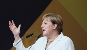 German Chancellor Angela Merkel attends an election campaign rally in Quedlinburg