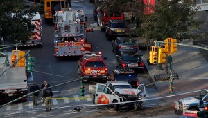 Emergency crews attend the scene of an alleged shooting incident on West Street in Manhattan, New York.