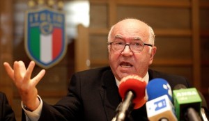 FIGC President Carlo Tavecchio gestures during a news conference in Rome