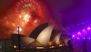 Fireworks explode near the Sydney Opera House as part of new year celebrations on Sydney Harbour