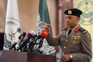 Saudi Arabia's Interior Ministry spokesman Mansour Turki gestures during a news conference in Riyadh