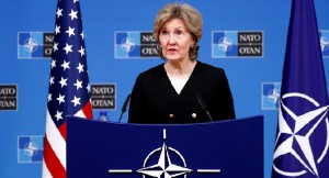U.S. Ambassador to NATO Hutchison briefs the media ahead of a NATO defence ministers meeting in Brussels